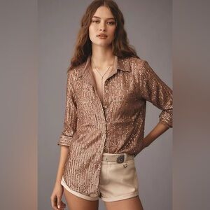 NWT By Anthropologie The Remie Sequin
Buttondown In Brown, Size XL